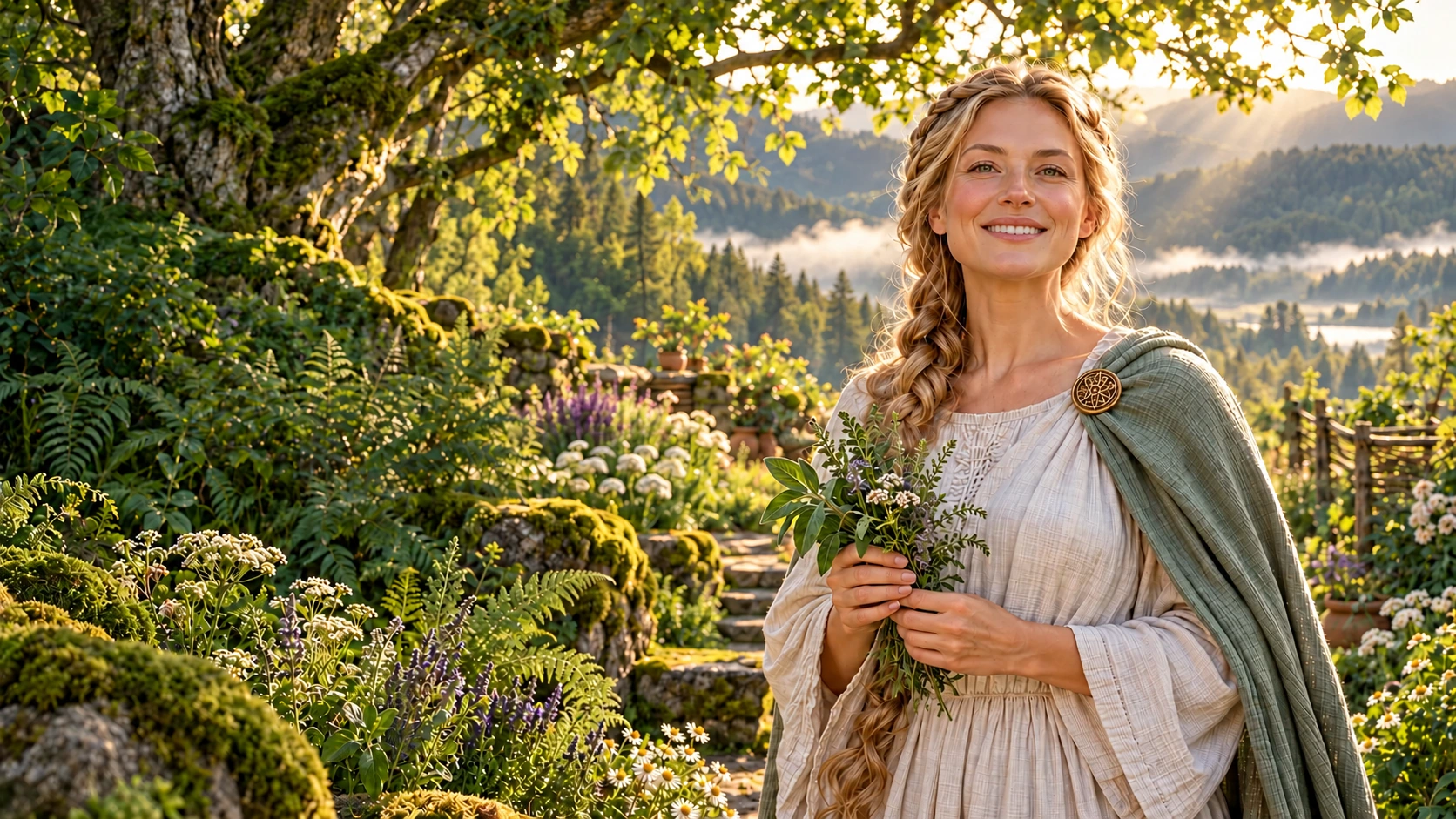 Eir surrounded by plants in a Nordic garden