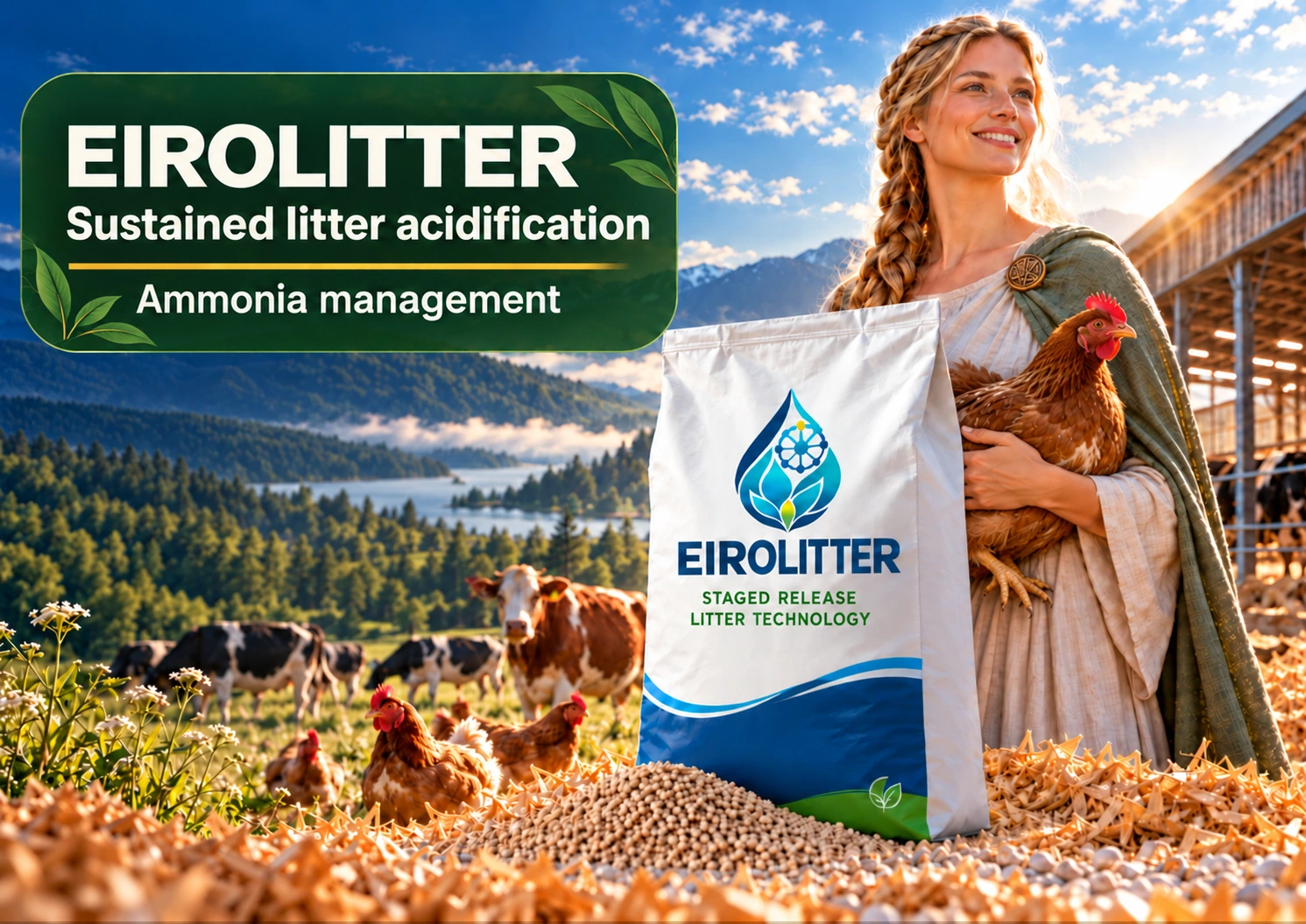 EIROLITTER sustained litter acidification and ammonia management, with Eir holding a hen